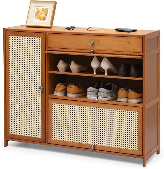 Shoe Cabinet for Entryway, Rattan Pattern Doors, Hidden Rattan Shoe Cabinet Wood 4 Tier Boho Vibe Shoe Rack for 16-19 Pairs