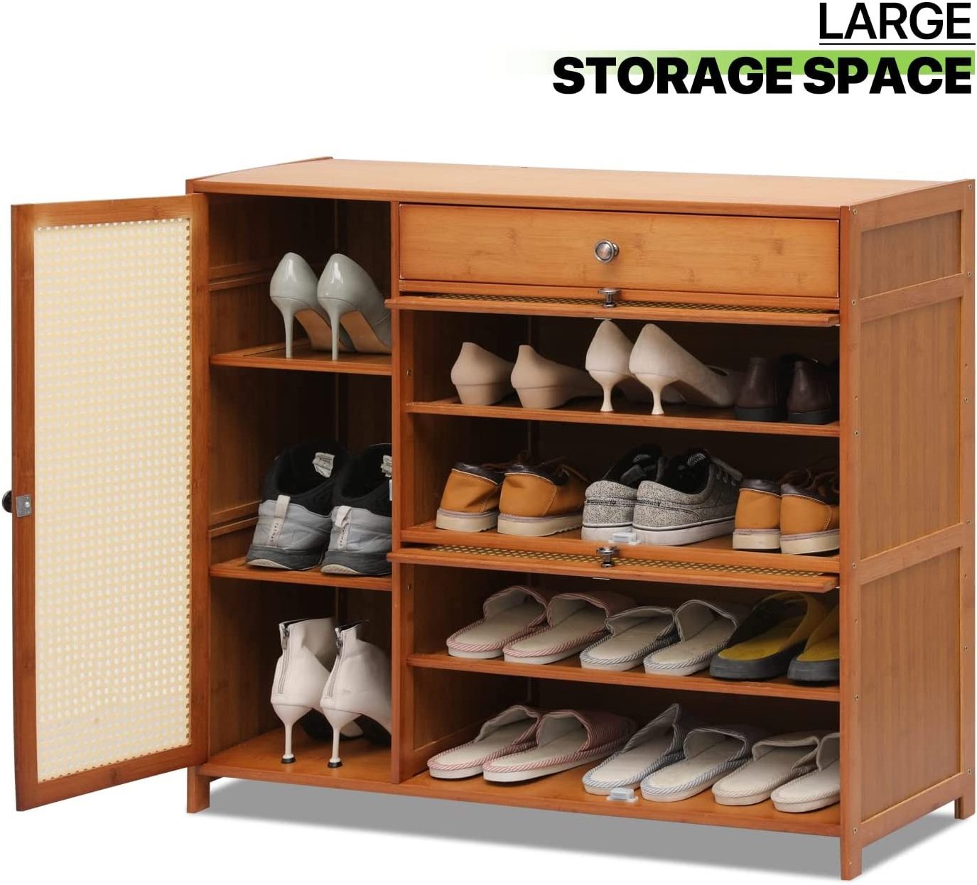 Shoe Cabinet for Entryway, Rattan Pattern Doors, Hidden Rattan Shoe Cabinet Wood 4 Tier Boho Vibe Shoe Rack for 16-19 Pairs