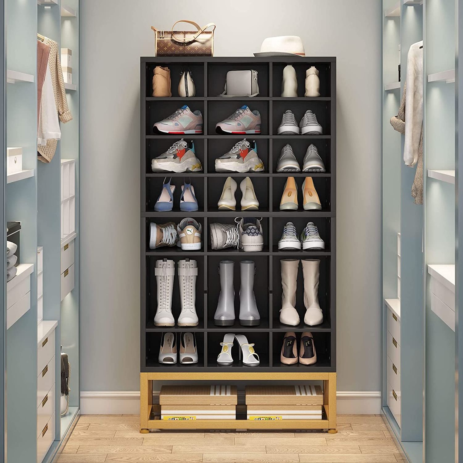 Freestanding Shoe Closet Rack with 24 Cubbies, Tall Entryway Shoe Organizer Rack with 8-Tier Adjustable Partition for Entryway