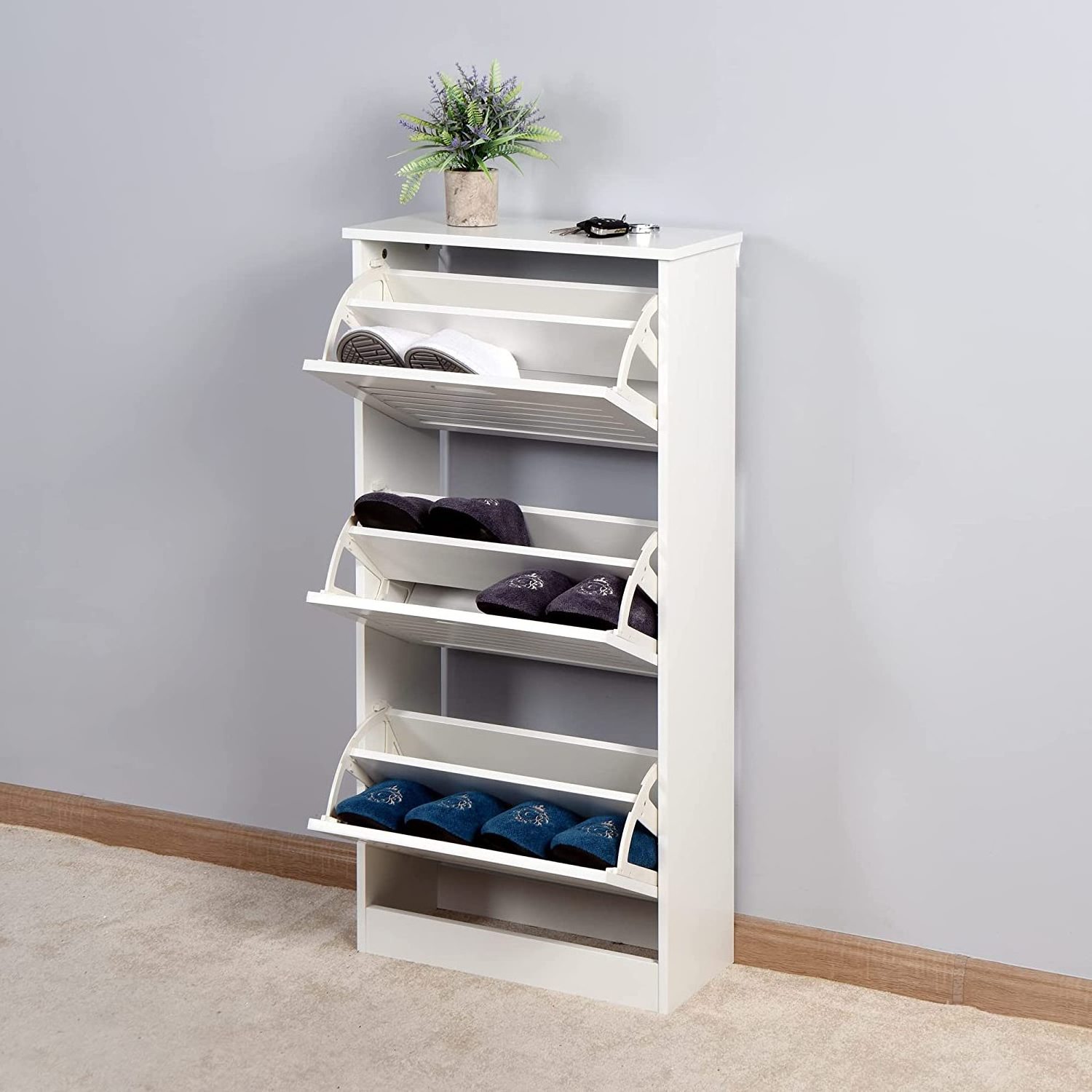 Shoe Cabinet with 3 Flip Down Storage Shelves Free-Standing Shoe Rack Compact Wood Shoe Storage Organizer