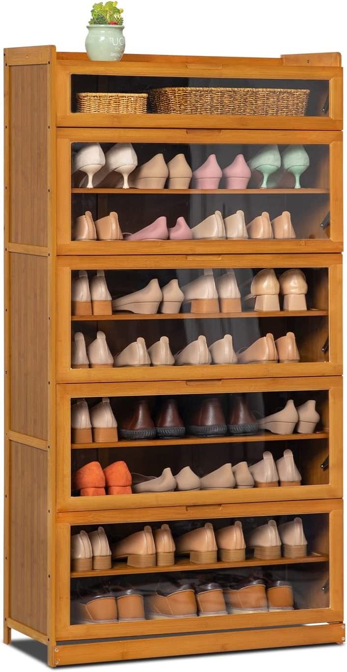 Shoe Storage Cabinet with Acrylic Doors 9 Tier Bamboo Free Standing Narrow Shoes Rack for 41-45 Pairs Entryway