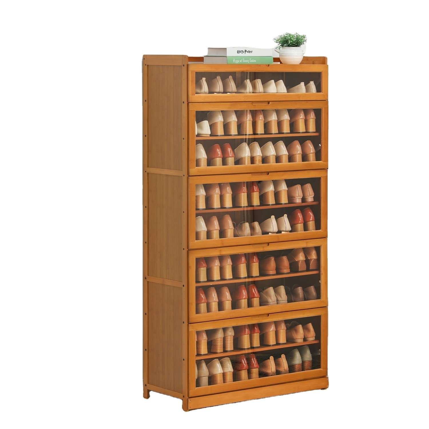 Shoe Storage Cabinet with Acrylic Doors 9 Tier Bamboo Free Standing Narrow Shoes Rack for 41-45 Pairs Entryway