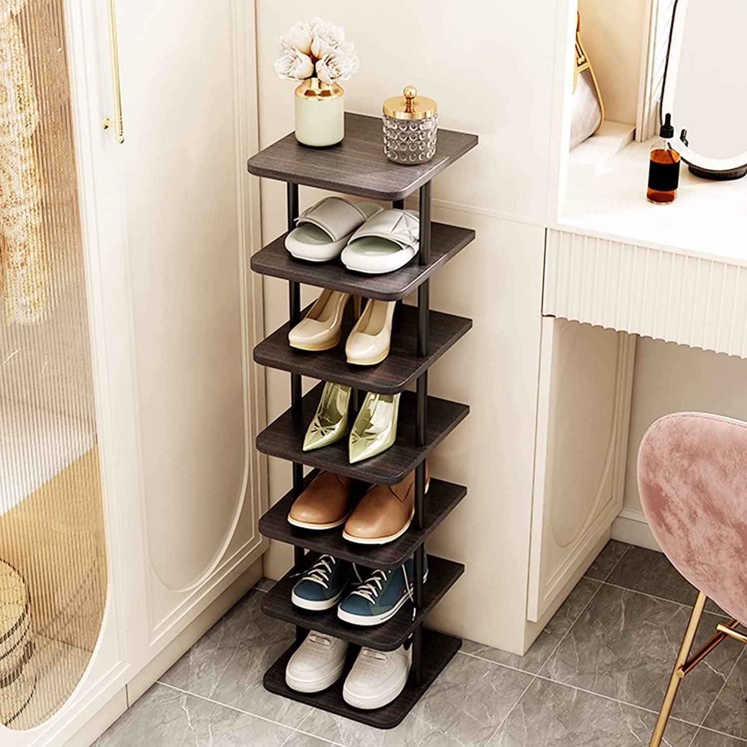 Shoe Rack Organizer 7 Tier Vertical Storage Stand Narrow Shelf for Small Spaces Entryway Corner Closet Door Bedroom