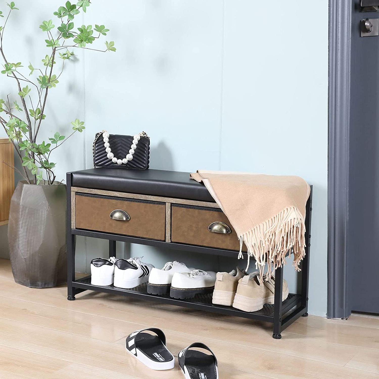 hoe Storage Entryway Bench Rack Shoe Cabinet Storage Padded Top Bench