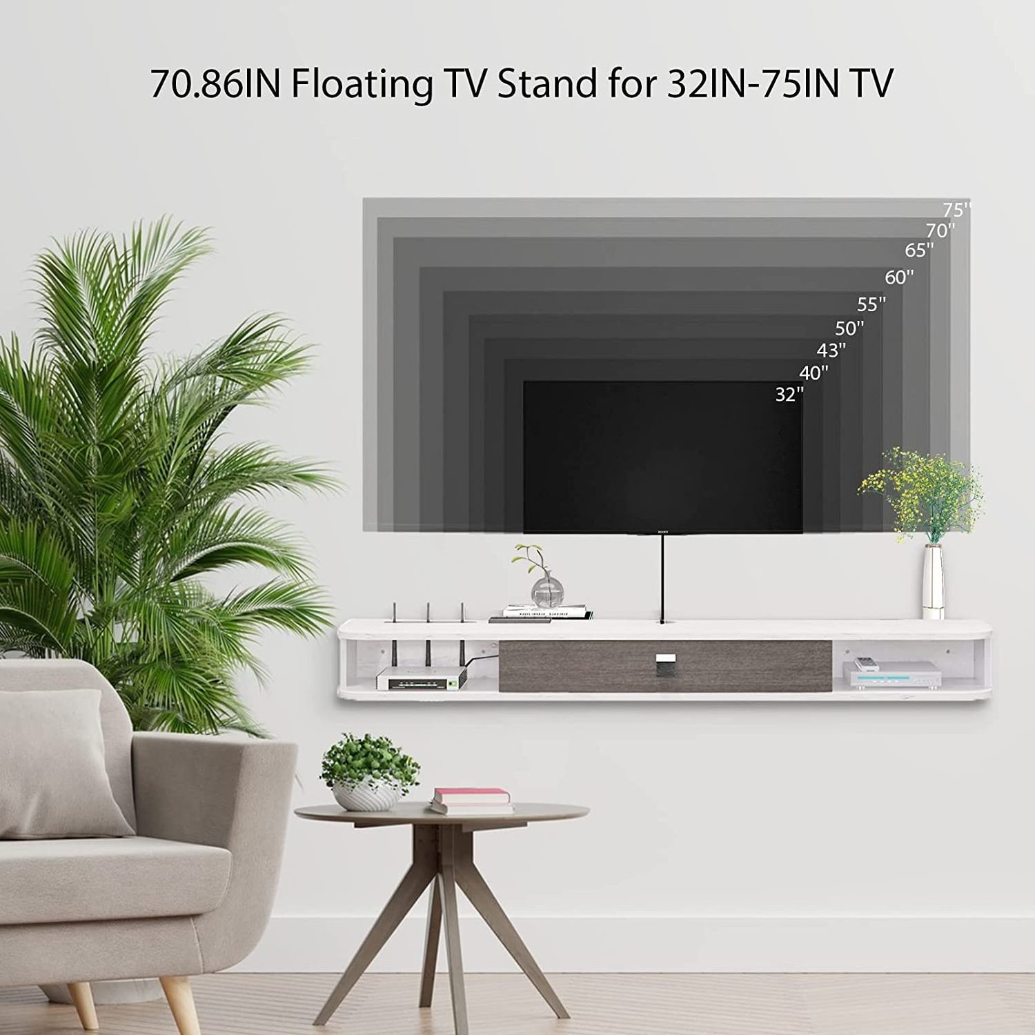 Floating Shelves with Door, Modern Entertainment Media Console Center Large Storage TV Bench for Living Room