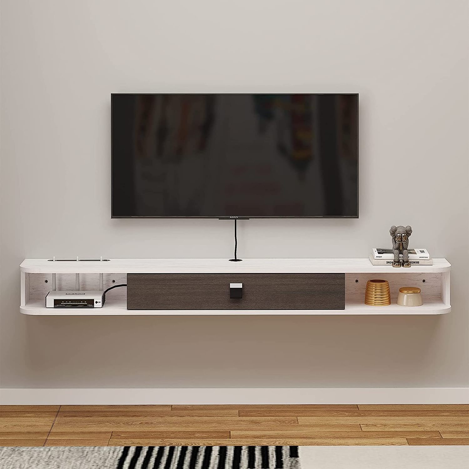 Floating Shelves with Door, Modern Entertainment Media Console Center Large Storage TV Bench for Living Room