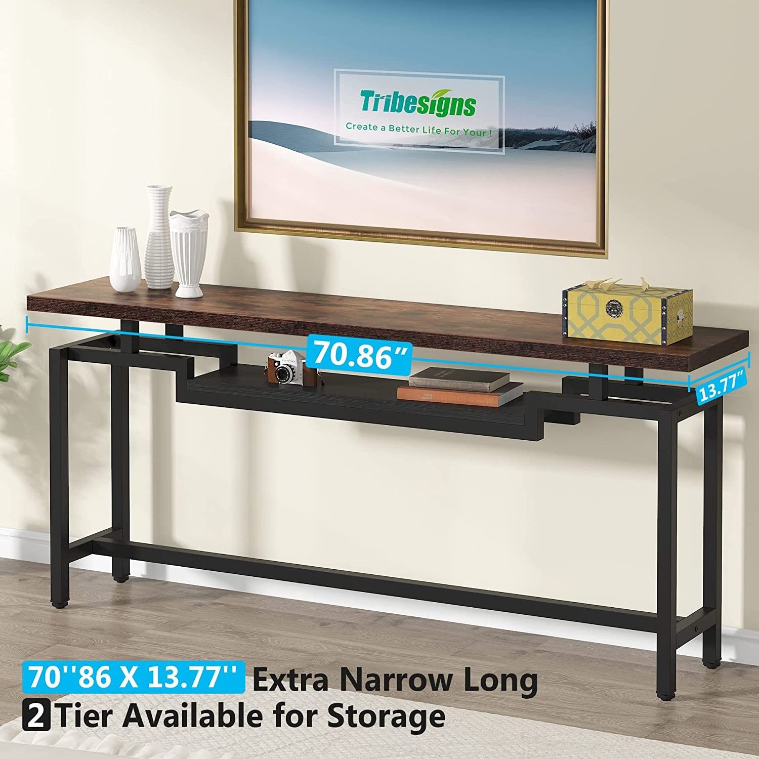 Narrow Long Console Table with 2 Ties,  Console Behind Couch Table with Storage  TV bench