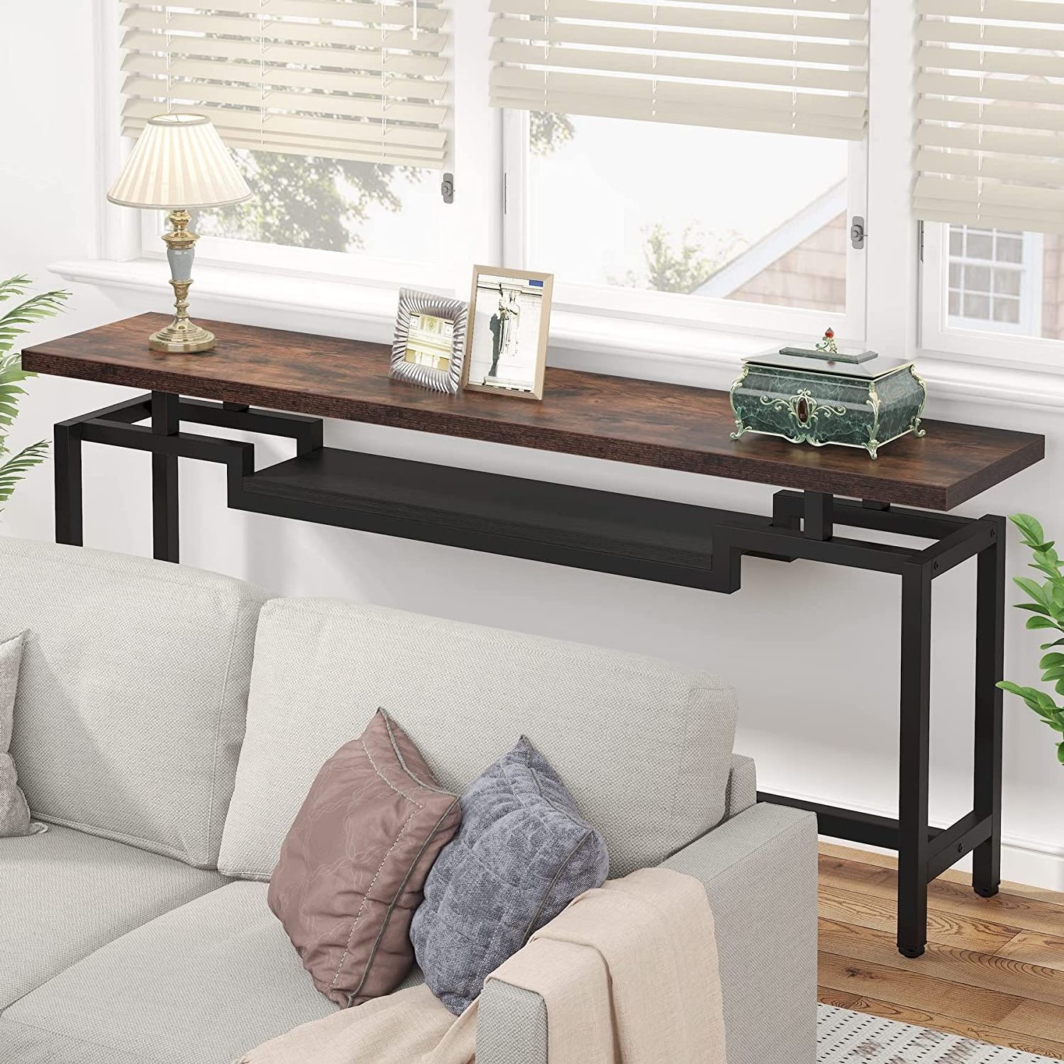 Narrow Long Console Table with 2 Ties,  Console Behind Couch Table with Storage  TV bench