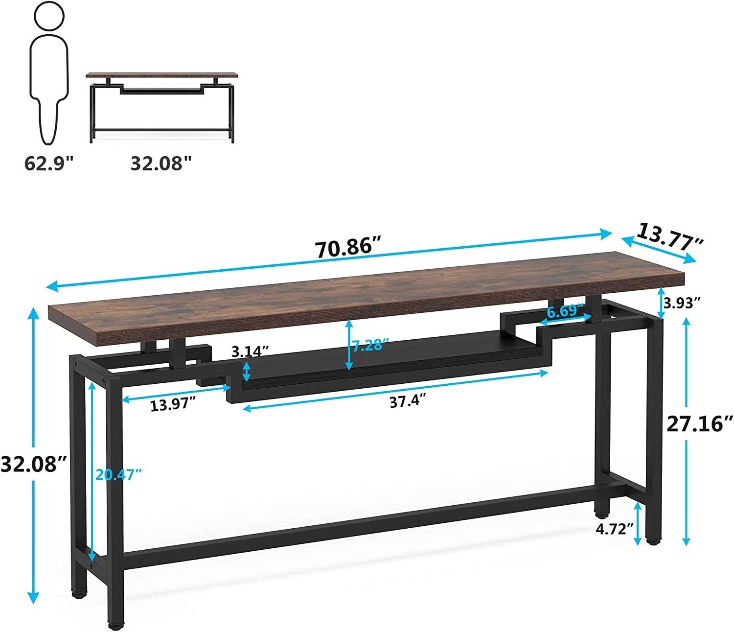 Narrow Long Console Table with 2 Ties,  Console Behind Couch Table with Storage  TV bench