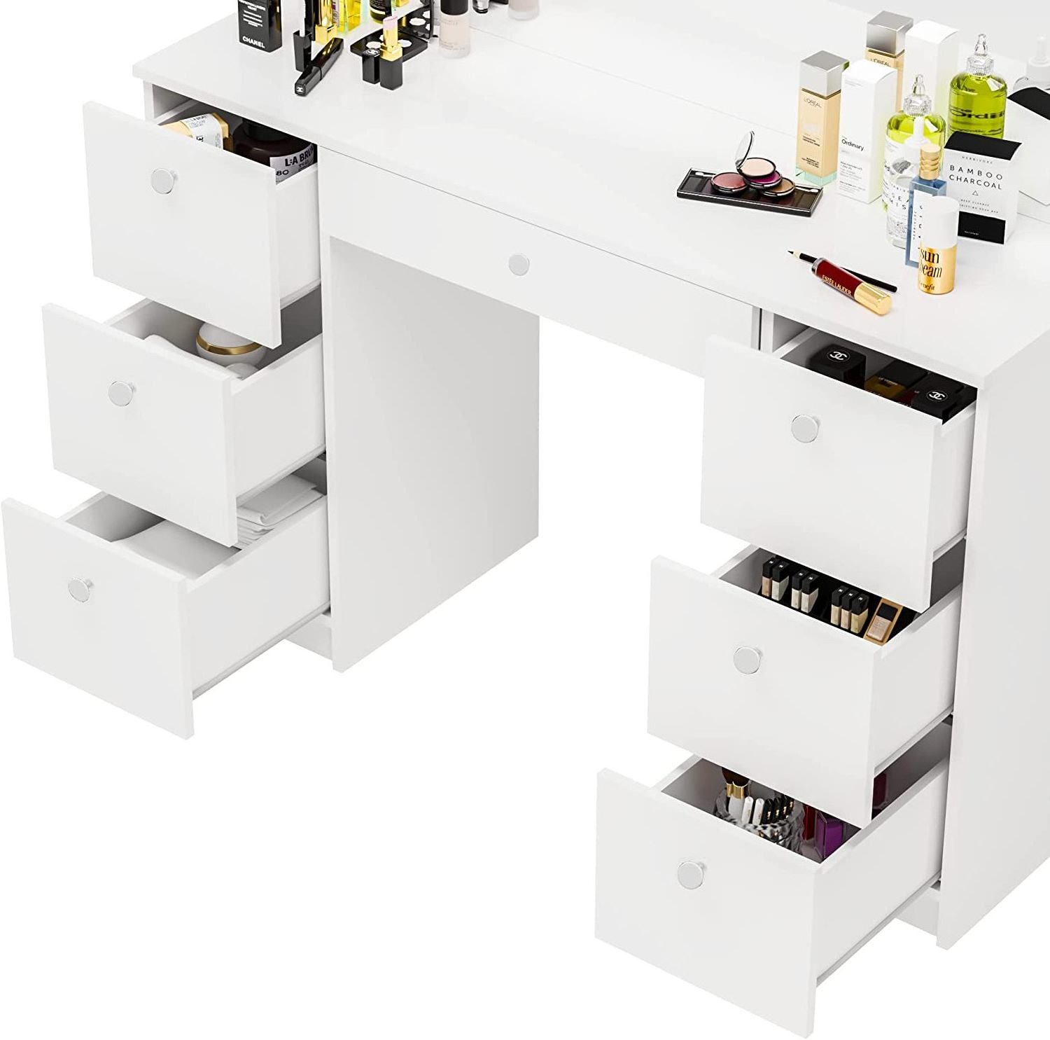 Vanity Makeup Desk with 7 Drawers, Full-Width  Hollywood Mirror, White Vanity Dresser with Mirror Stoo dressing table