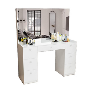 Vanity Makeup Desk with 7 Drawers, Full-Width  Hollywood Mirror, White Vanity Dresser with Mirror Stoo dressing table