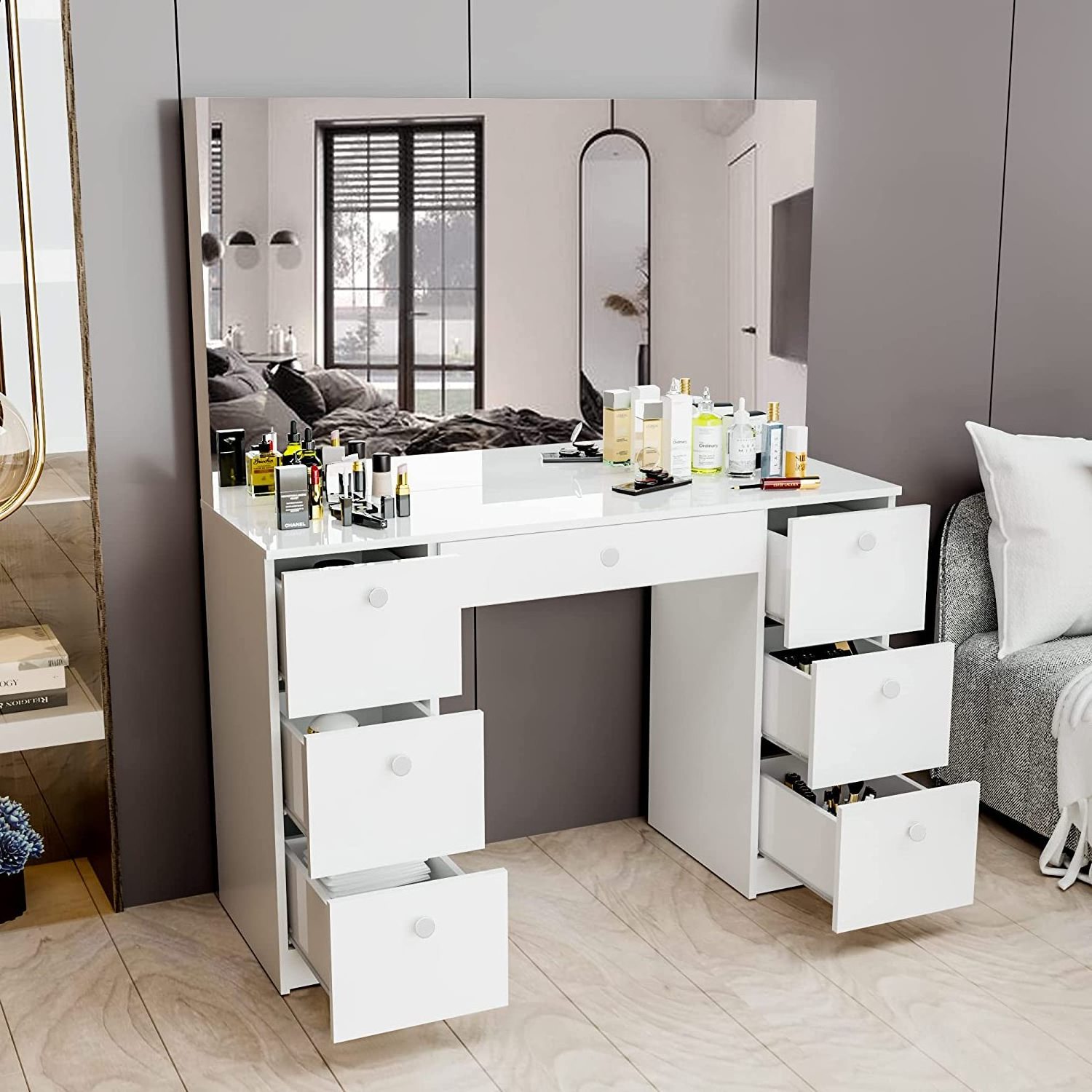 Vanity Makeup Desk with 7 Drawers, Full-Width  Hollywood Mirror, White Vanity Dresser with Mirror Stoo dressing table