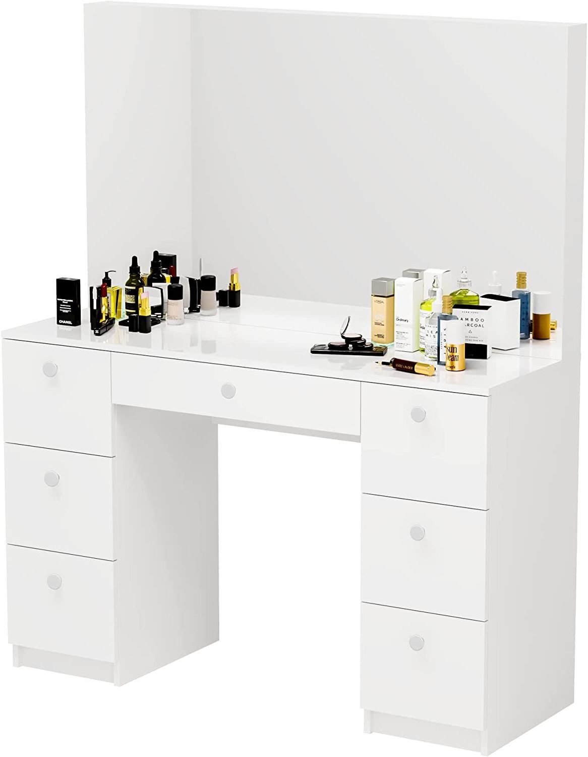 Vanity Makeup Desk with 7 Drawers, Full-Width  Hollywood Mirror, White Vanity Dresser with Mirror Stoo dressing table