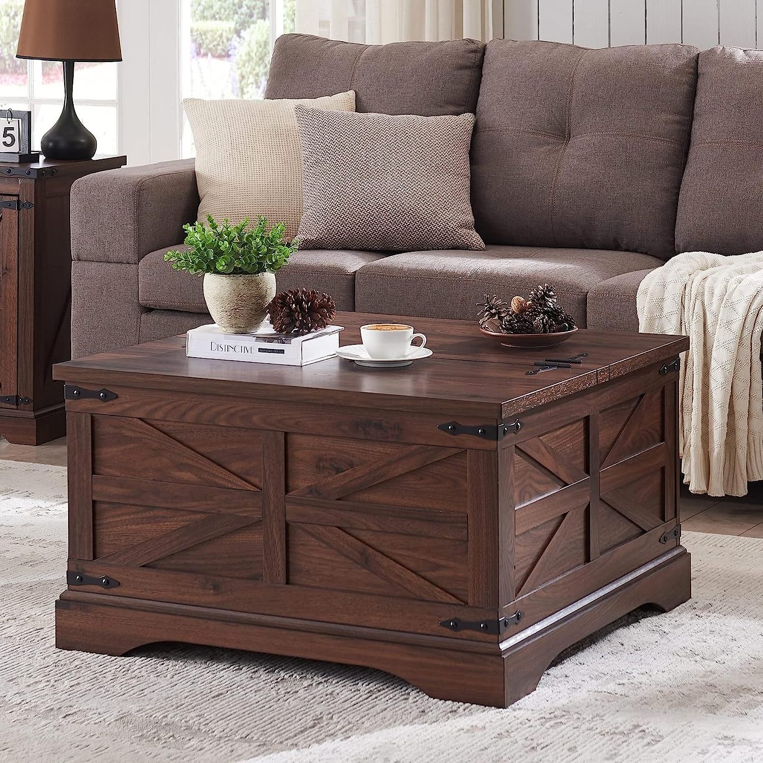 Square Wood Center Table with Large Hidden Storage Compartment for Living Room  coffee table