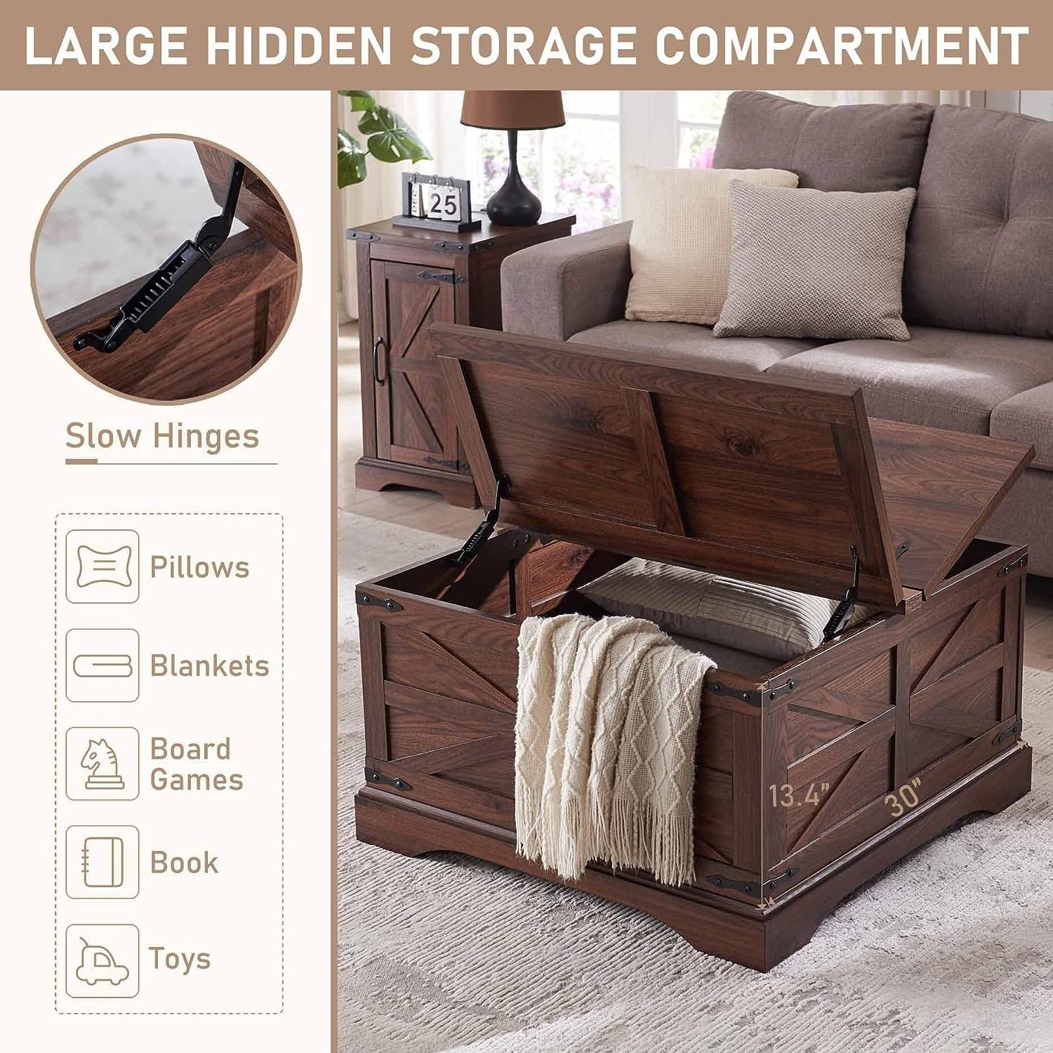 Square Wood Center Table with Large Hidden Storage Compartment for Living Room  coffee table