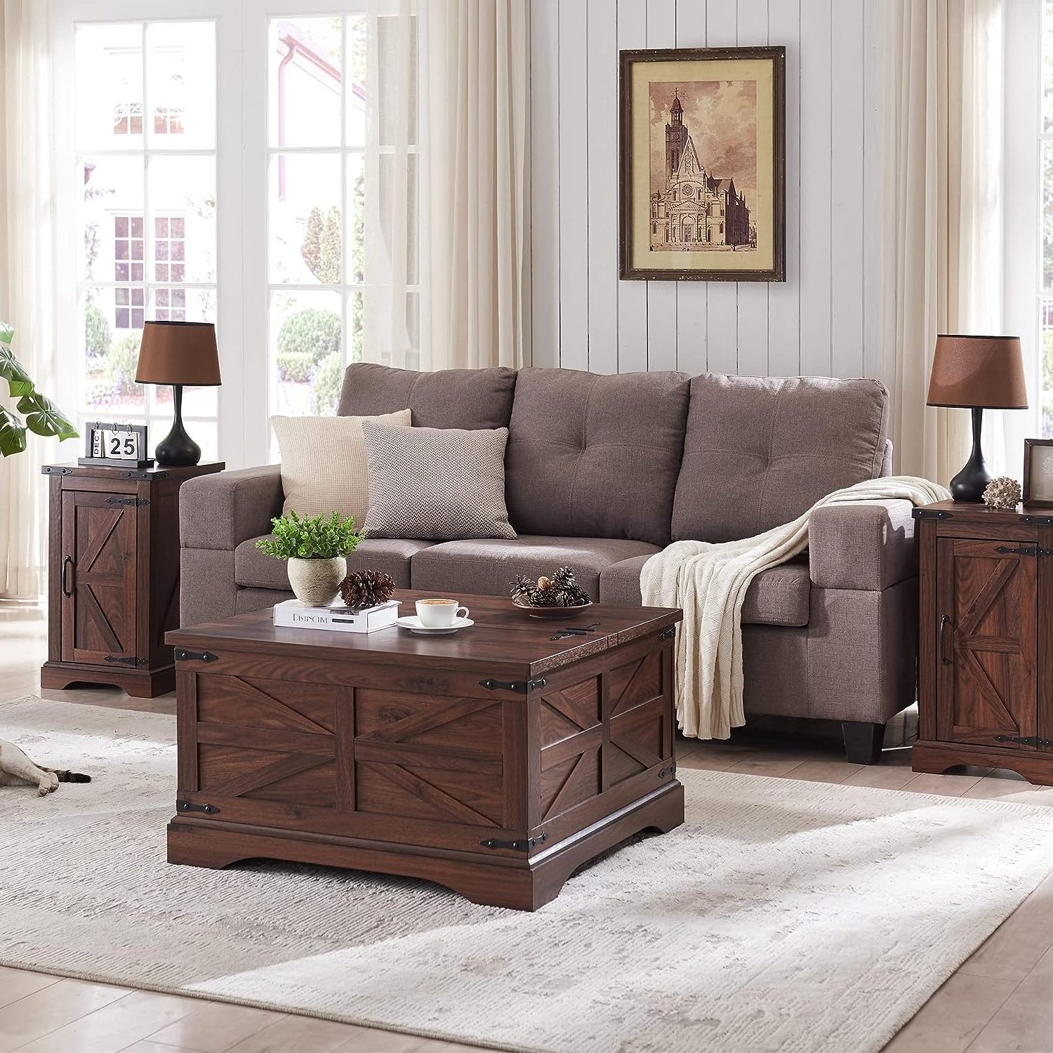 Square Wood Center Table with Large Hidden Storage Compartment for Living Room  coffee table