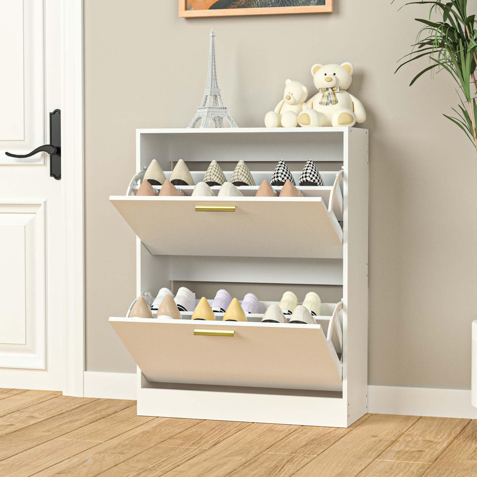 Shoe Cabinet with 2 Flip Drawers - Narrow Shoe Storage Cabinet for Entryway, Freestanding Hidden Shoe Organizer