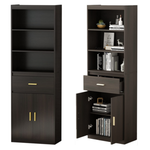 Modern bookshelf locker, high storage wooden bookcase, black book shelf with 3 stacks, 2 doors and 1 drawer