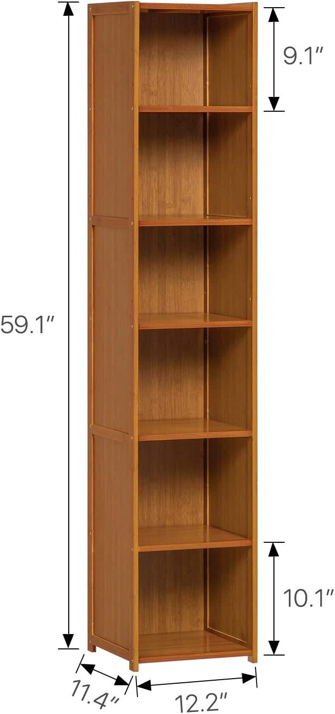 Tall Slim Narrow Bookcase Bamboo 6 Tier Free Standing Tall Bookshelf Display Storage Shelves Collection Furniture bookcase