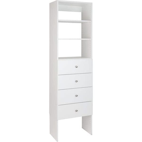 Wood Built in Shelf Tower Closet Organizer Unit with 4 Drawers (White, 31.5