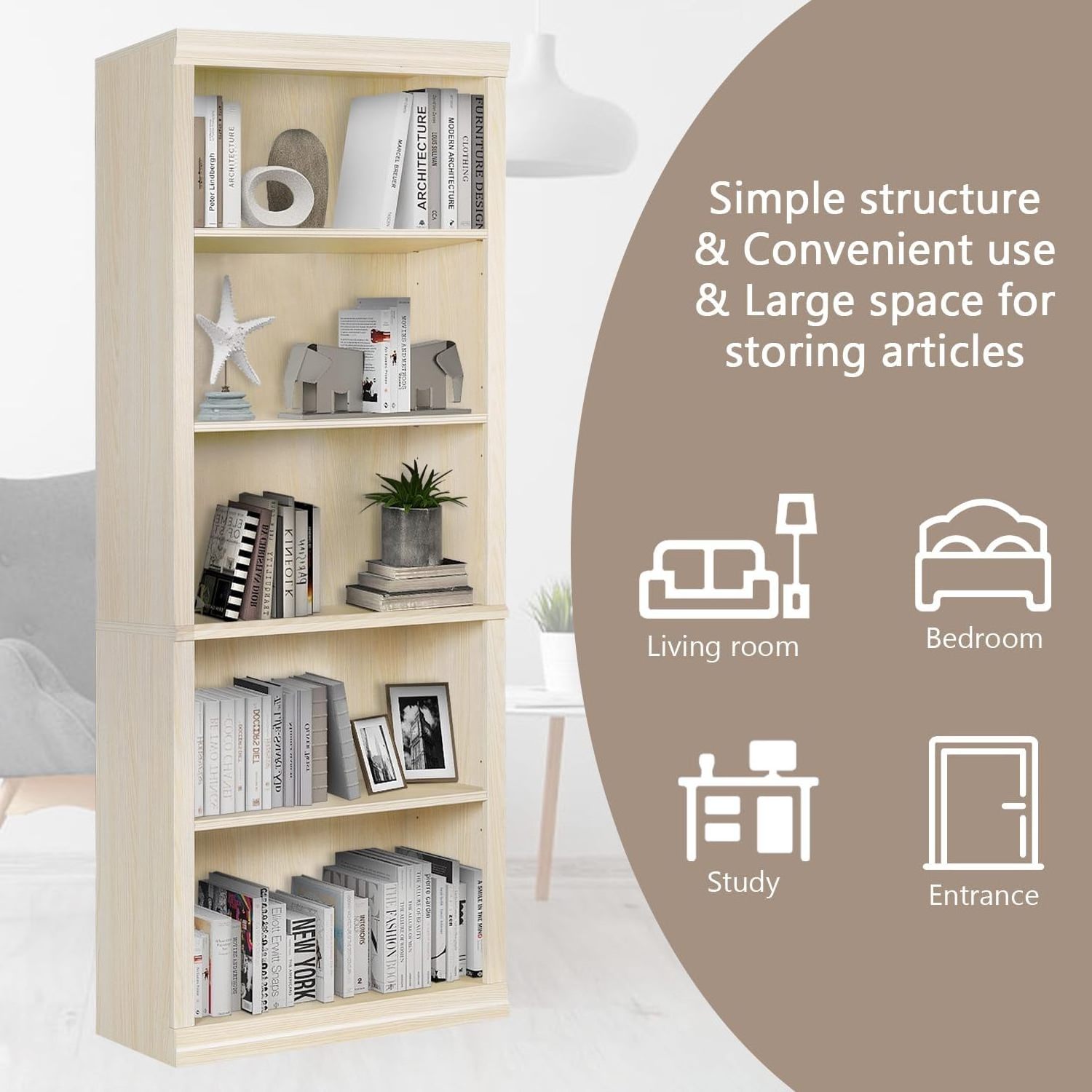 -Shelf Free Standing Bookcase for Home Office Living Room Open Display Organizer Storage Bookshelf