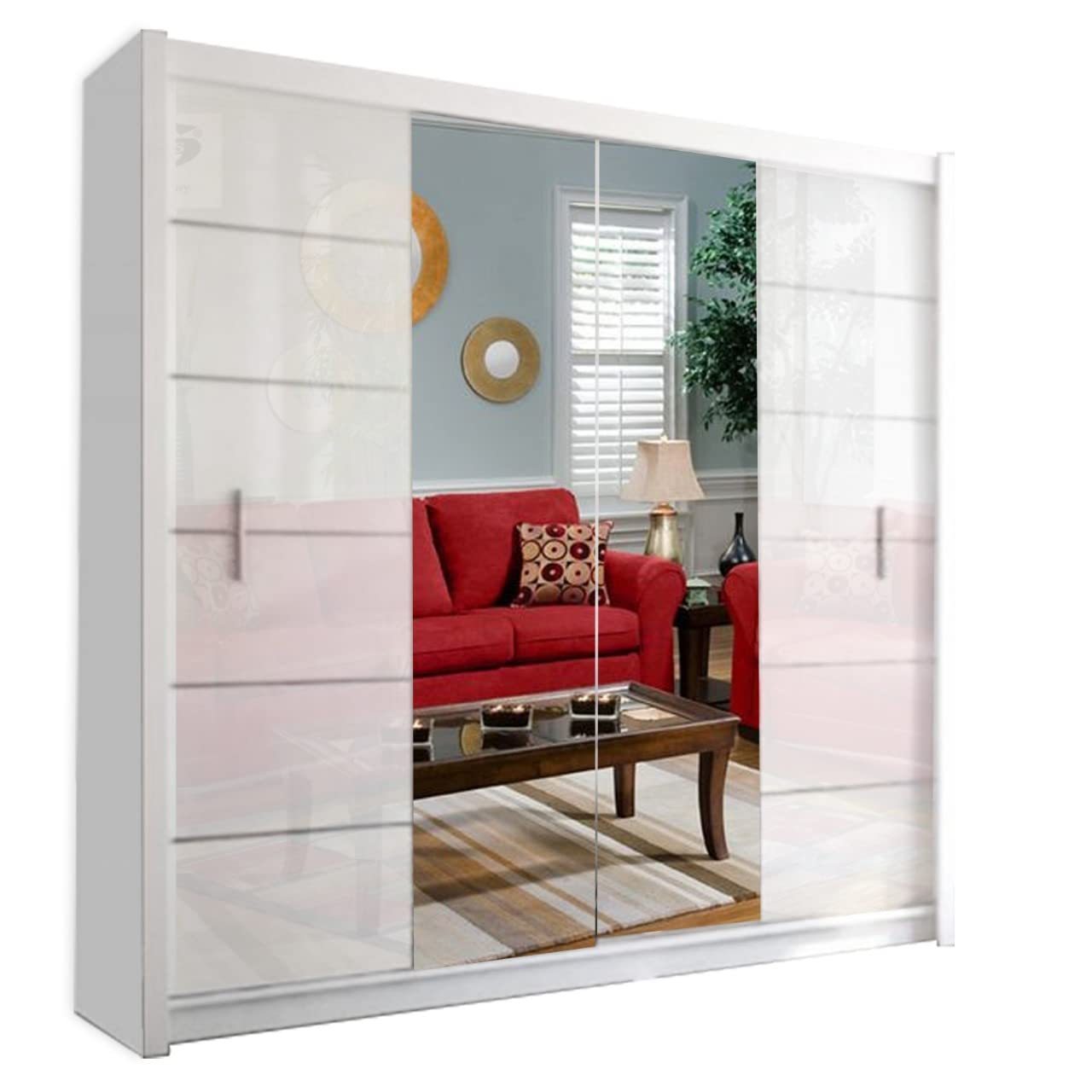 Modern Double Sliding Door Wardrobe 2 Mirrored Hanging Rails & Shelves Storage Cabinet for Bedroom