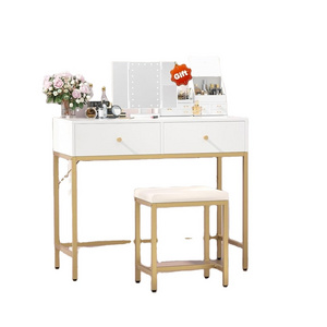 Desk with Stool, Makeup Vanity with 2 Large Drawers, White Desk with Tri-fold Lighted Mirror  dressing table