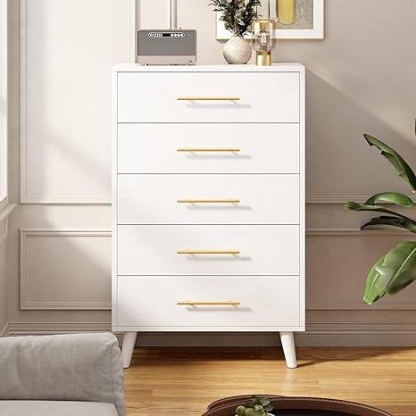 , Tall Chest of Drawers with Metal Handles, Wood Storage Organizer Dresser Nursery Dresser Cabinet