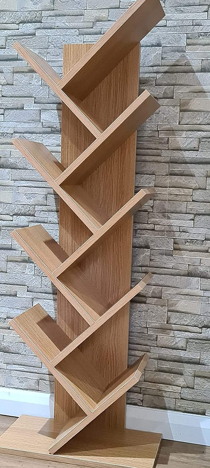 Tree Bookshelf 8 Tier Floor Standing oak  Bookcase with Wooden Shelves Rack Display Unit for Living Room Home Office