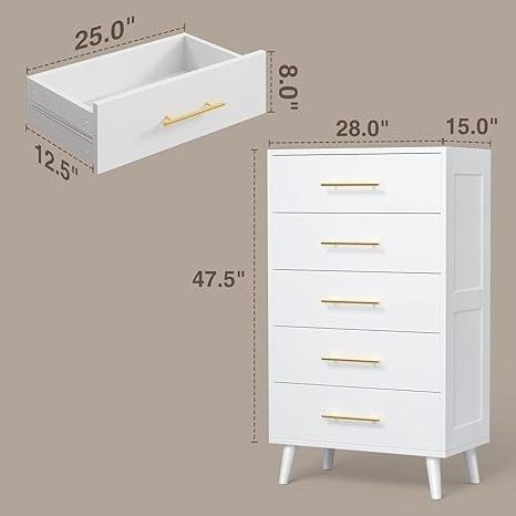 , Tall Chest of Drawers with Metal Handles, Wood Storage Organizer Dresser Nursery Dresser Cabinet