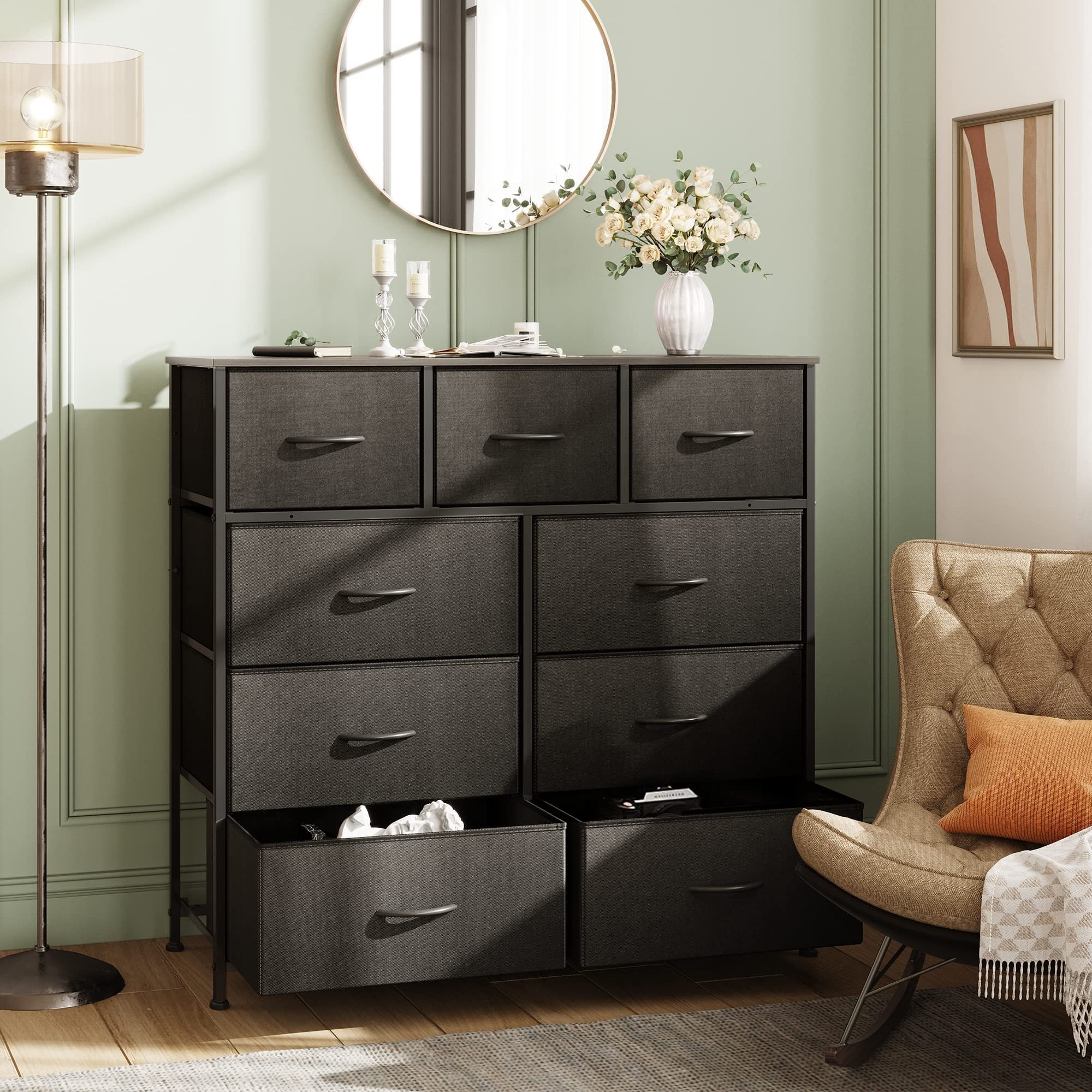 9-Drawer Dresser, Fabric Storage Tower for Bedroom, Hallway, Nursery, Closet, Tall Chest Organizer Unit with Fabric Bins