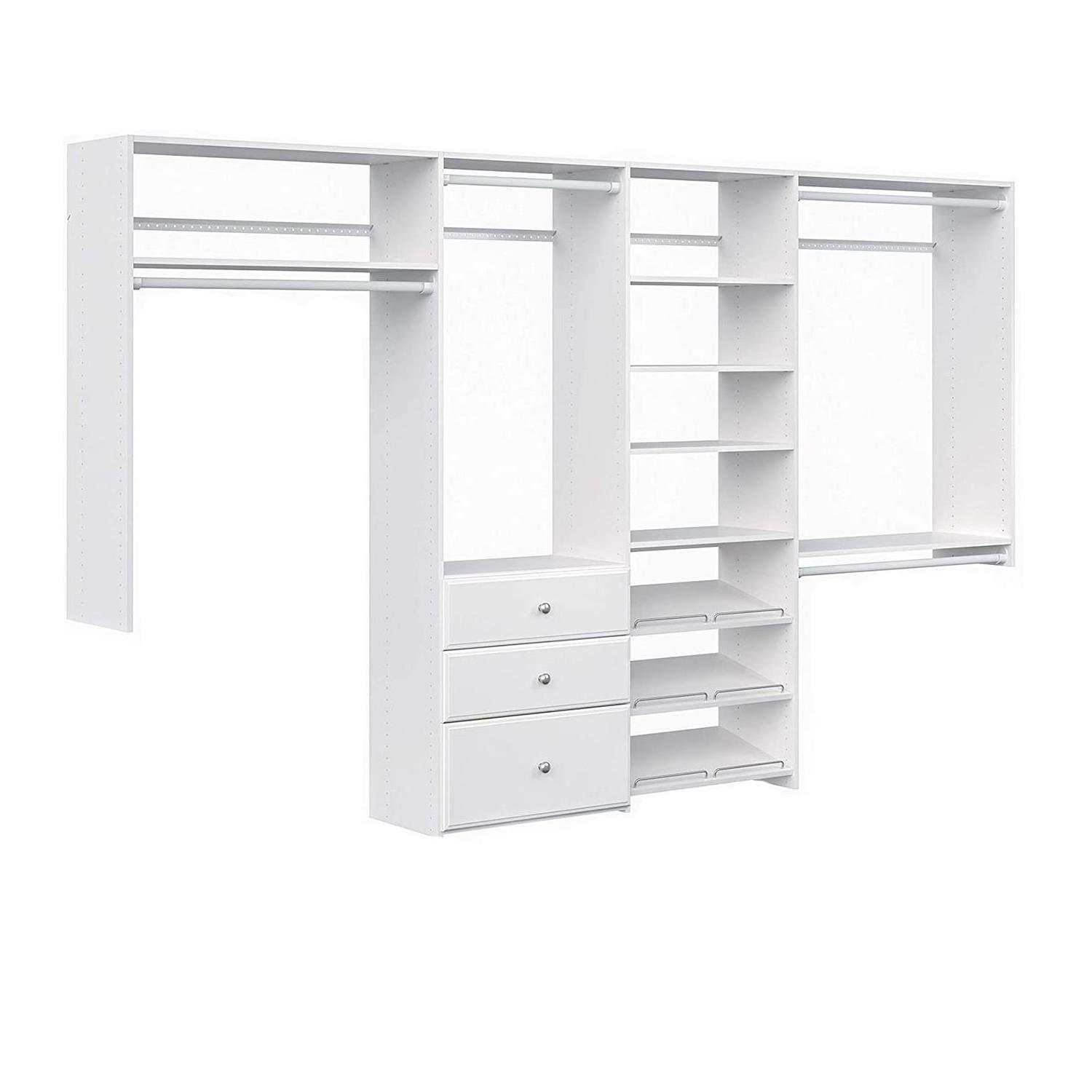 Dual Tower Closet Storage Wall Mounted Wardrobe Organizer Kit System with Shelves and Drawers for Bedroom in White with Hardware