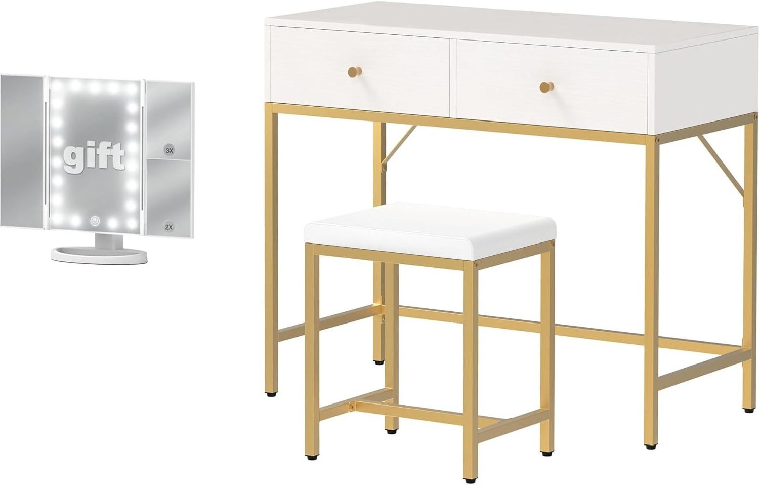 Desk with Stool, Makeup Vanity with 2 Large Drawers, White Desk with Tri-fold Lighted Mirror  dressing table