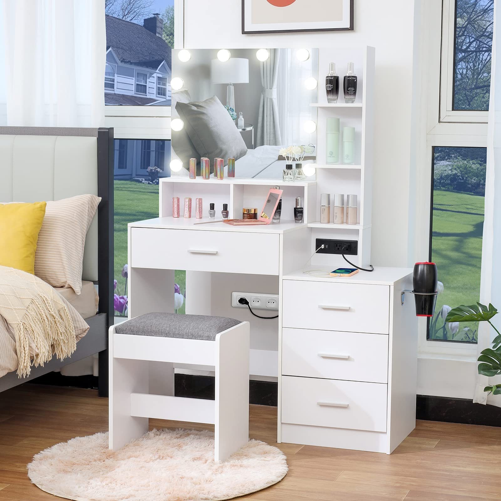 Large dresser set with light mirror and charging station, makeup dresser with 4 storage shelves and 4 drawers