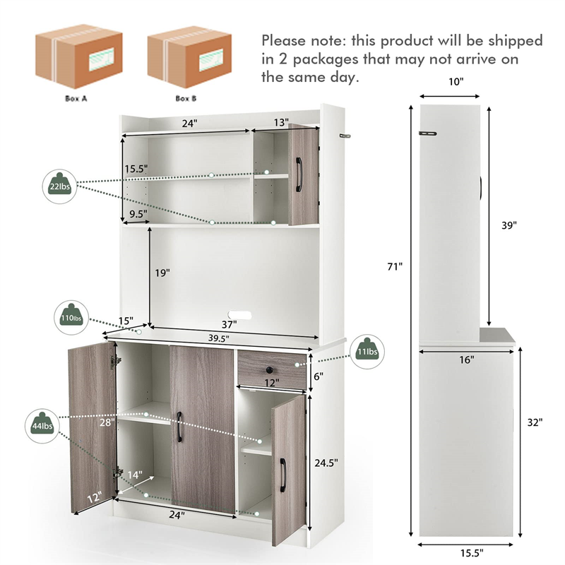 Freestanding Buffet with Hutch, Kitchen Pantry Storage Cabinet with 5-Position Adjustable Shelves, Kitchen Buffet Cabinet