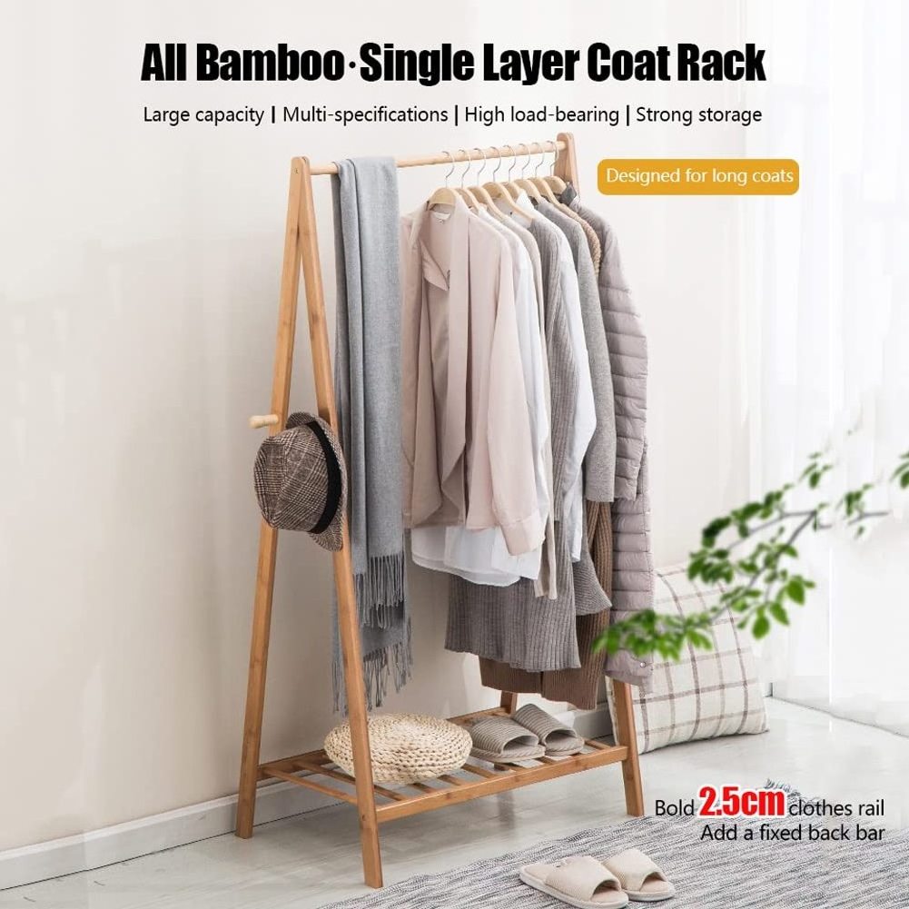 Wooden Clothing Garment Rack Clothes Rails Small Single Rod Bedrooms Hanging Rack with Shelves Heavy Duty Open Wardrobe Coat Sta