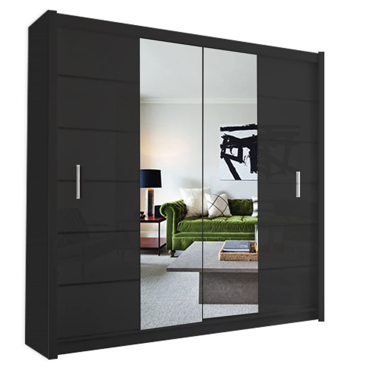 Modern Double Sliding Door Wardrobe 2 Mirrored Hanging Rails & Shelves Storage Cabinet for Bedroom