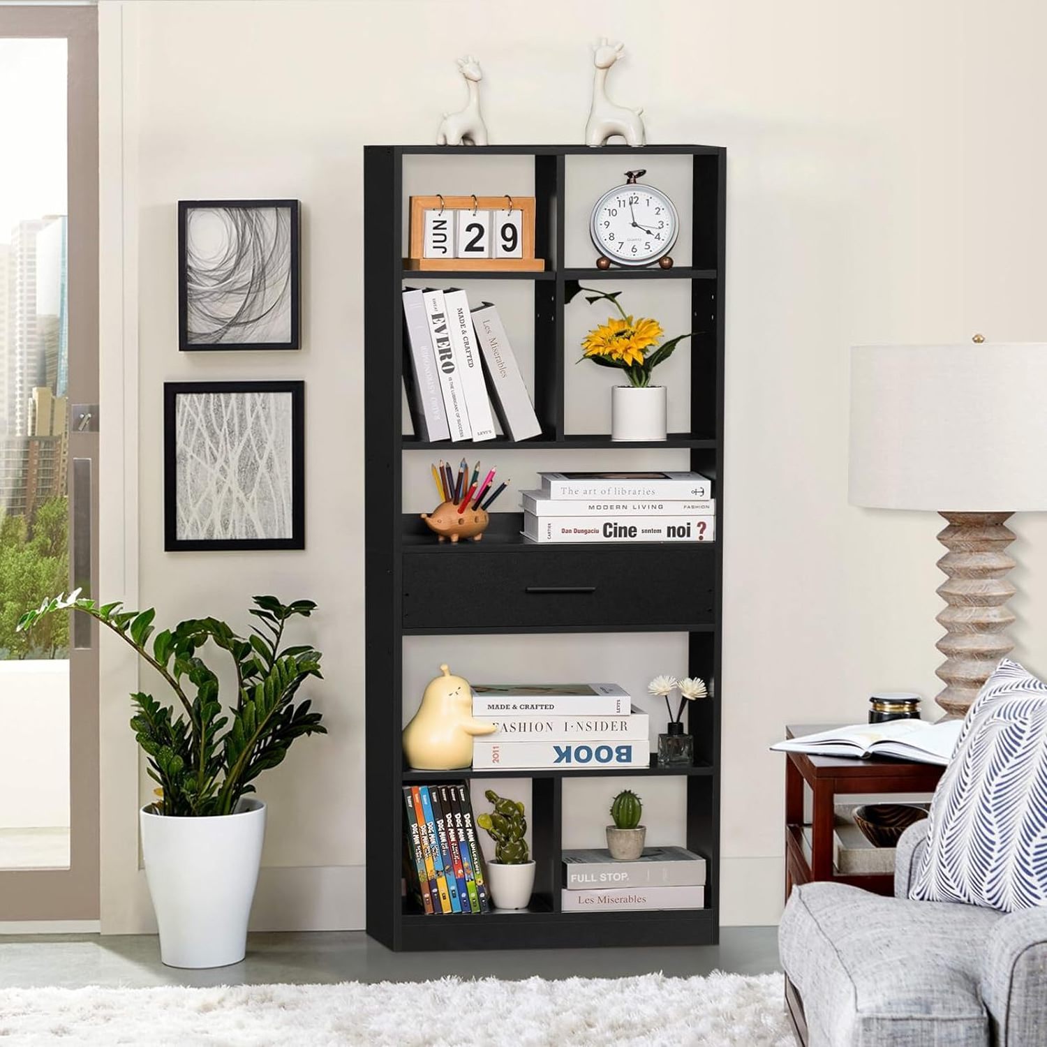 8 Cubes and a Drawer, Floor Freestanding Bookshelves Cube Storage Organizer 6 Tier Open Bookshelf