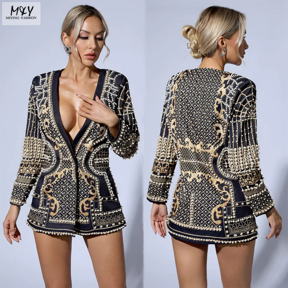 OEM Custom Women Milani Silver Gold Pearl Blazer Dress Luxury Beaded Embroidery Pattern Fashion Office Suit Sexy Mini Dresses