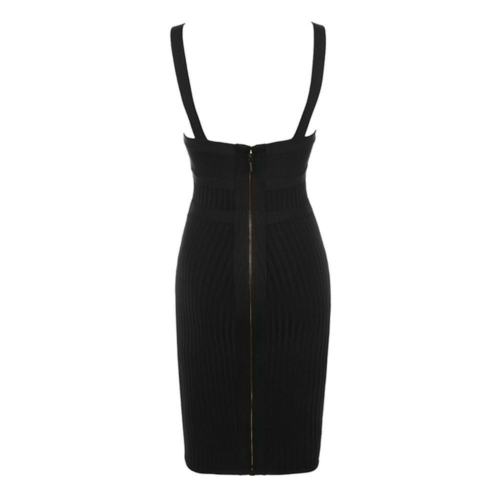 High quality black ribbed buckle Fashion hollowed out midi bandage dresses women wholesale cheap women's elegant cocktail dress