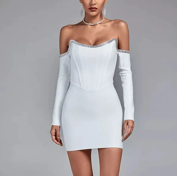 Luxury Rhinestone Collar Off Shoulder Long Sleeve Tight Bandage Dress Summer Fashion Party Dinner Birthday Mature Women's Dress