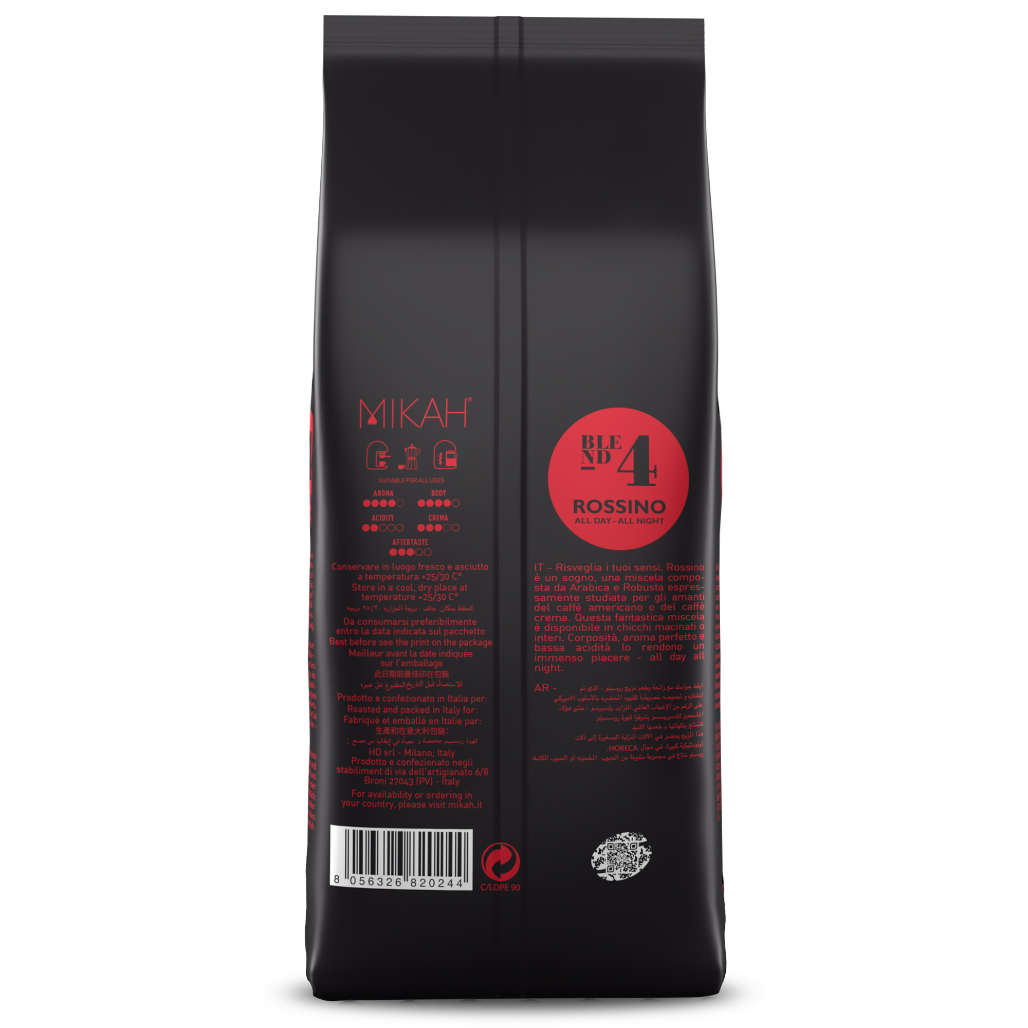 PREMIUM Quality Coffee Beans - Blend 60% Arabica 40% Robusta - ROSSINO N.4 - 1000g Italian Filter Coffee