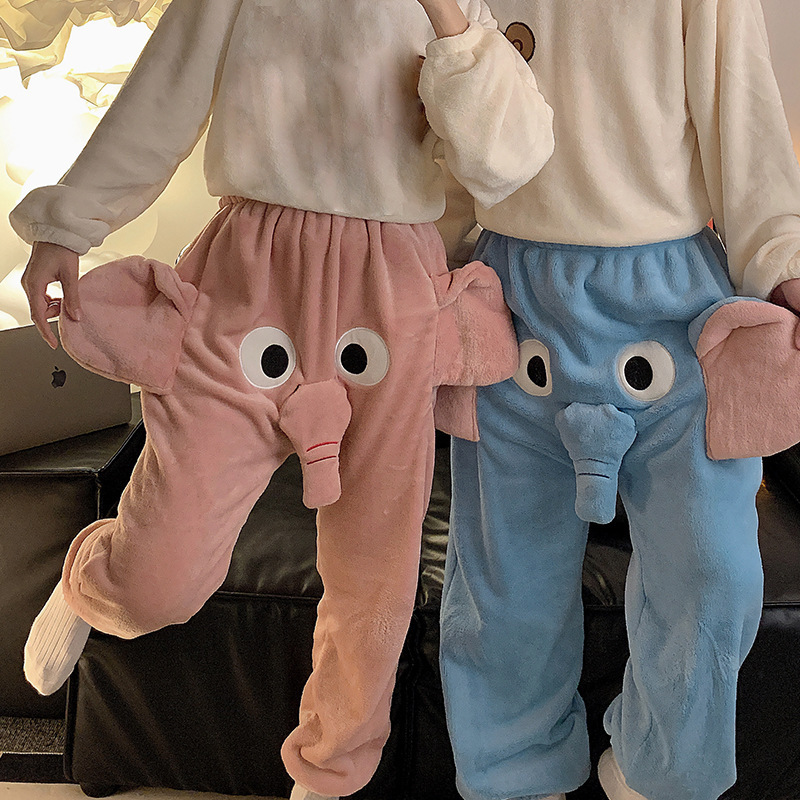 Flannel Couple Cartoon Style Keep warm sleepwear Women Pajamas Pants With 3D Pig  Elephant Nose Party Funny