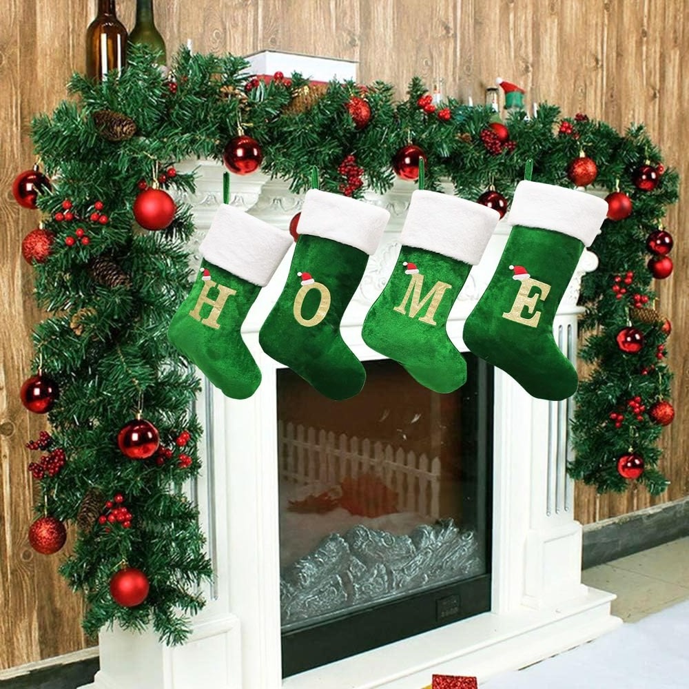 17inch Fireplace Xmas Tree Hanging Stockings White Faux Fur Large Letter Initial A-Z Plush Green Velvet Christmas Socking