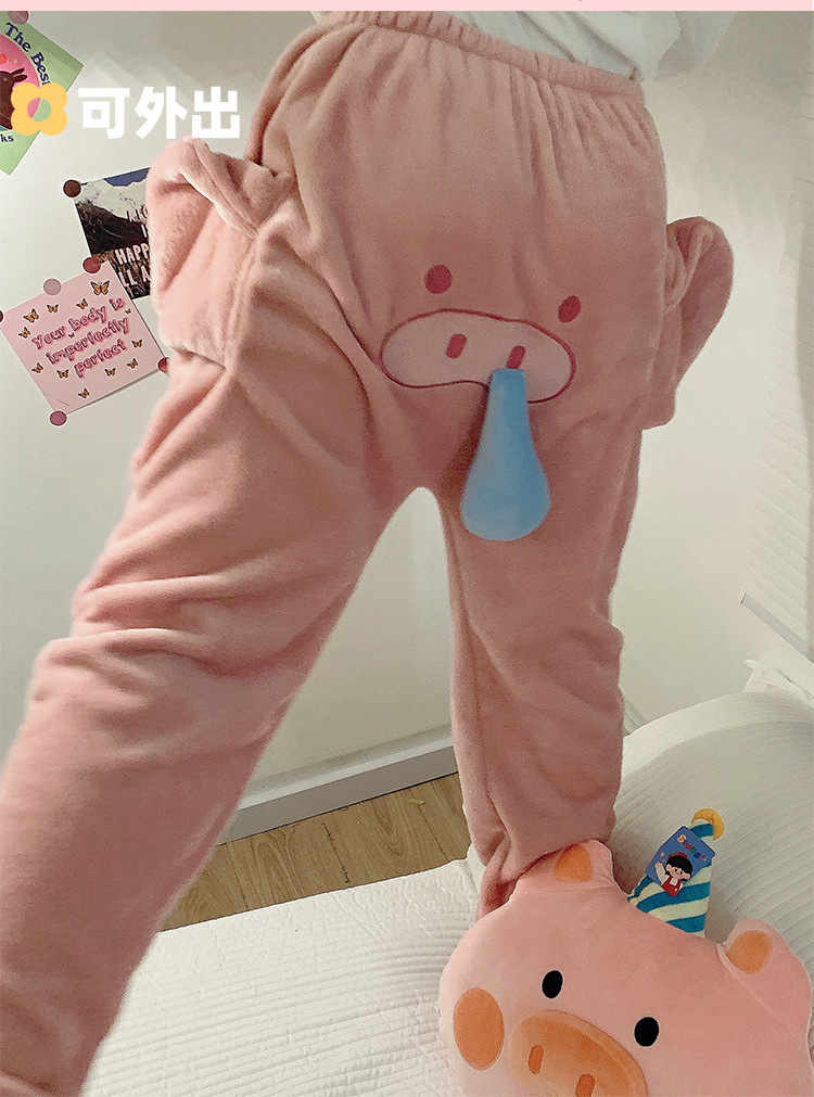 Flannel Couple Cartoon Style Pig Elephant Pajamas Pants With Nose Party Funny Cosplay Pants