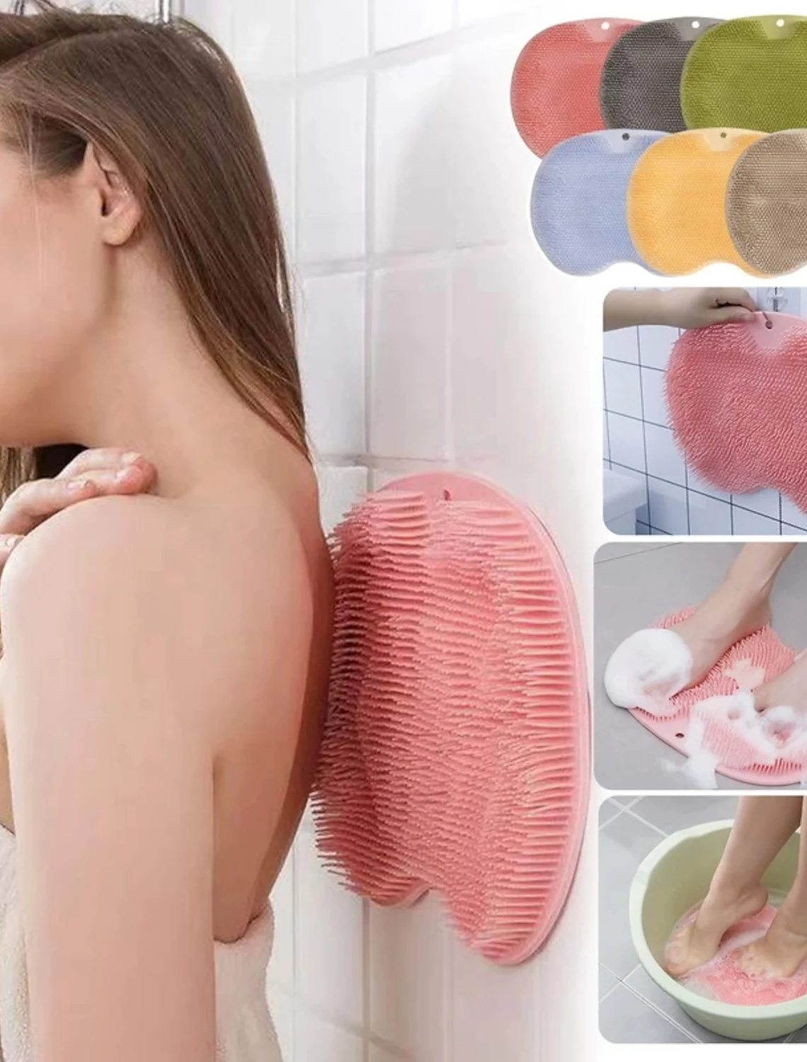 Wall Mounted Back Scrubber Shower Foot & Back Scrubber, Massage Pad, Silicone Bath Cushion Brush with Suction Cups, Bat