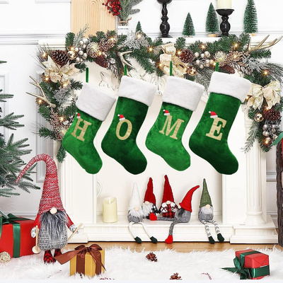 17inch Fireplace Xmas Tree Hanging Stockings White Faux Fur Large Letter Initial A-Z Plush Green Velvet Christmas Socking