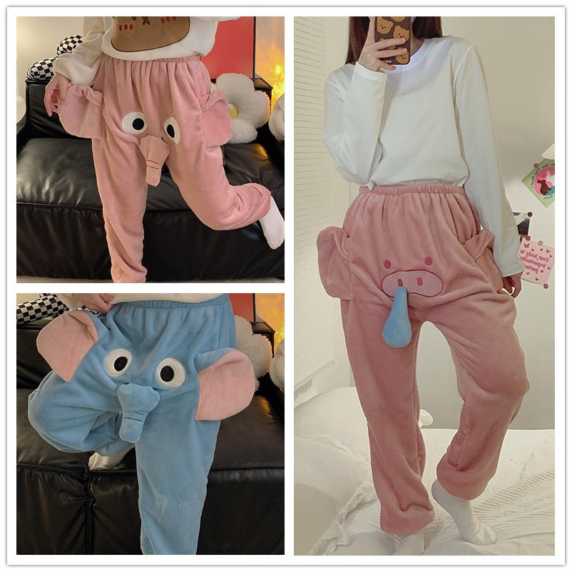 Flannel Couple Cartoon Style Keep warm sleepwear Women Pajamas Pants With 3D Pig  Elephant Nose Party Funny