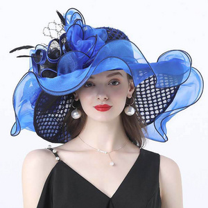 wholesale fashion Women sun hat Ruffles wide brim Kentucky Derby Organza white Church wedding Party hat with big flower