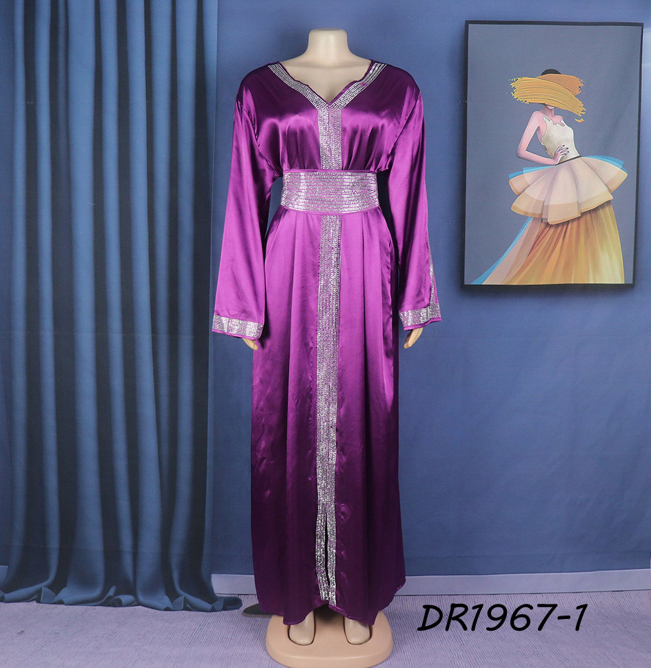 Middle East Islamic Muslim Party Dress Hot Diamond Luxury Kaftan Dresses Abaya Suit Bright Silk Satin Muslim Women Dress